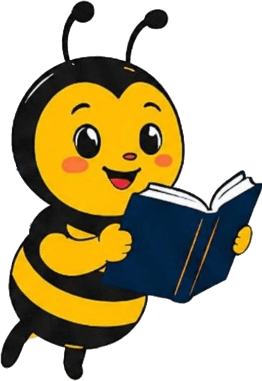 Ms Bee, the friendly bee mascot, reading a book